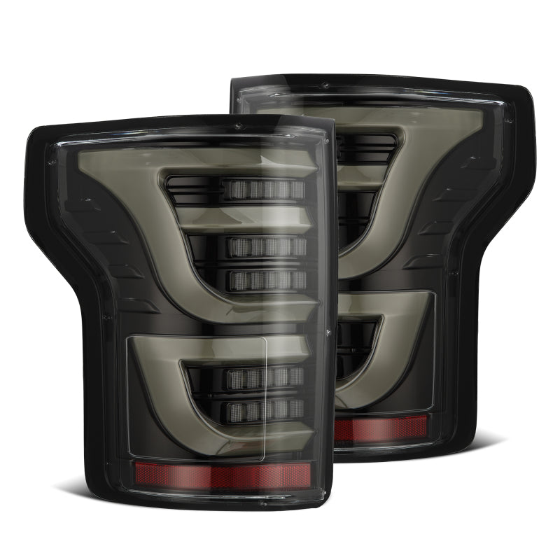 AlphaRex Luxx-Series LED tail lights for 2015-2020 Ford F150 in Alpha-Black finish, featuring a sleek design and enhanced visibility.