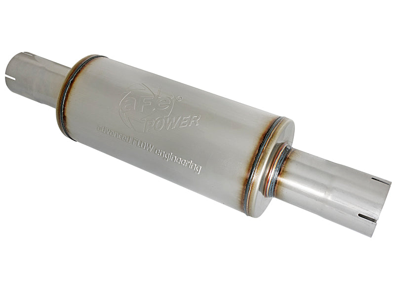 Round body afe ATLAS muffler with 3-1/2 inch inlet and outlet, 7 inch diameter, and 16 inch length for improved exhaust flow.