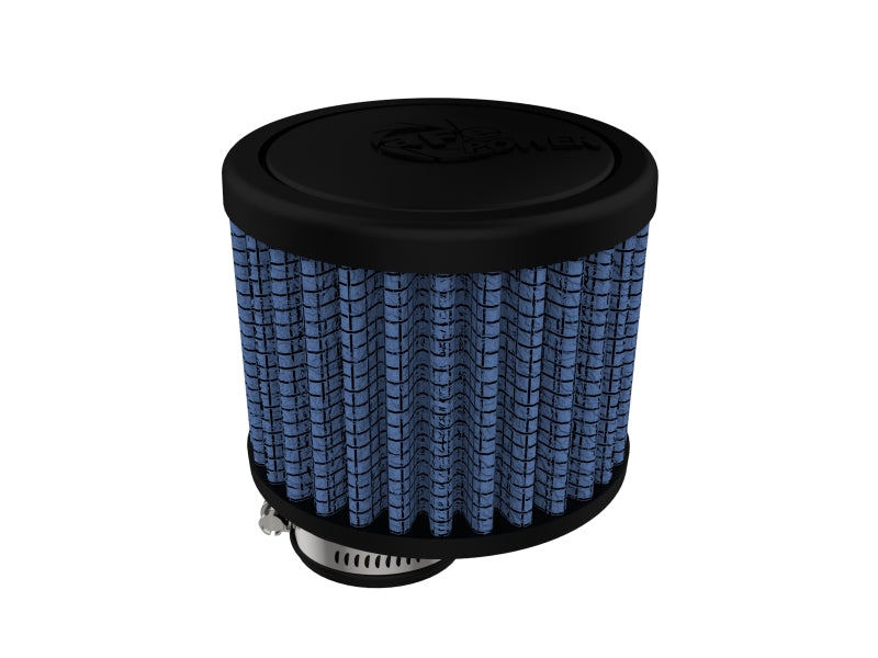 Afe Magnum FLOW crankcase vent filter with a blue mesh design, measuring 1-1/4 inches in diameter and 3 inches high.