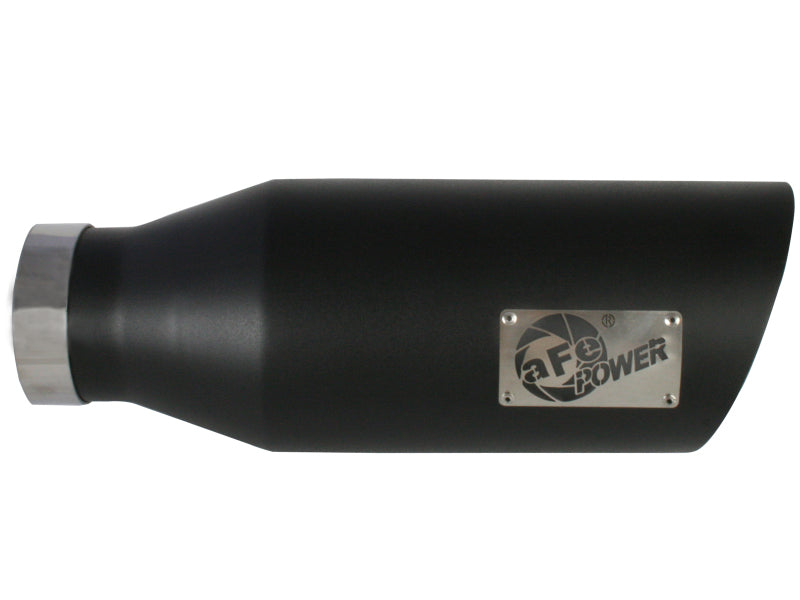 Black aFe MACH Force-Xp universal exhaust tip with a 4-inch inlet, 7-inch outlet, and 18-inch length for enhanced performance.