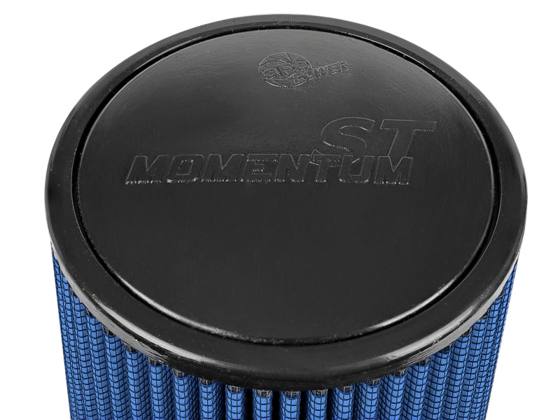 afe Momentum Intake Replacement Air Filter with a black top and blue pleated filter media, designed for optimal airflow and performance.