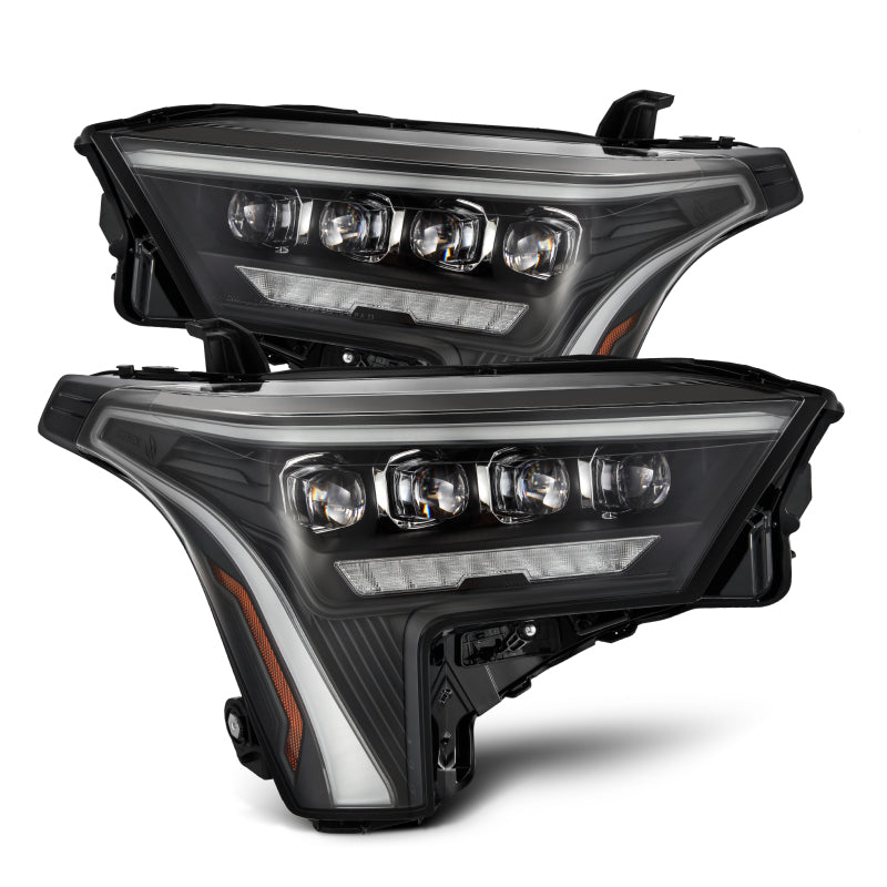 AlphaRex NOVA-Series black headlights for 2022-2023 Toyota Tundra with amber daytime running lights.