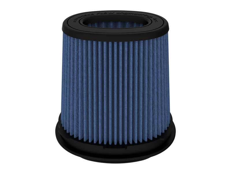 afe Momentum replacement air filter with a blue pleated design, featuring a cylindrical shape and a black rubber base.