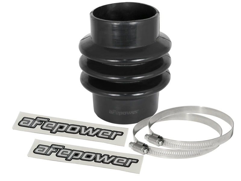 afe Magnum FORCE Intake Coupling Kit featuring a straight black rubber coupling, two stainless steel clamps, and branded stickers.