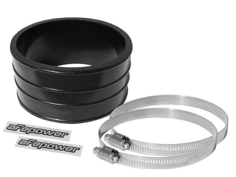 Black afe Magnum FORCE Intake Coupling Kit with a straight coupler, two stainless steel clamps, and branding stickers.