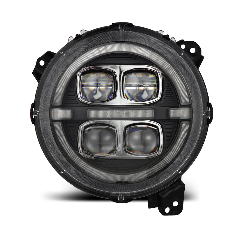 AlphaRex LED projector headlights for 2018-2023 Jeep Wrangler JL and Gladiator JT in black with sequential signal and DRL.