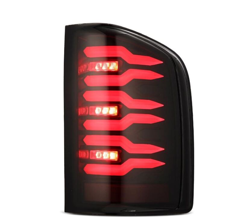 AlphaRex Luxx-Series LED tail light for 2007-2014 Chevrolet Silverado, featuring a sleek black and red design.