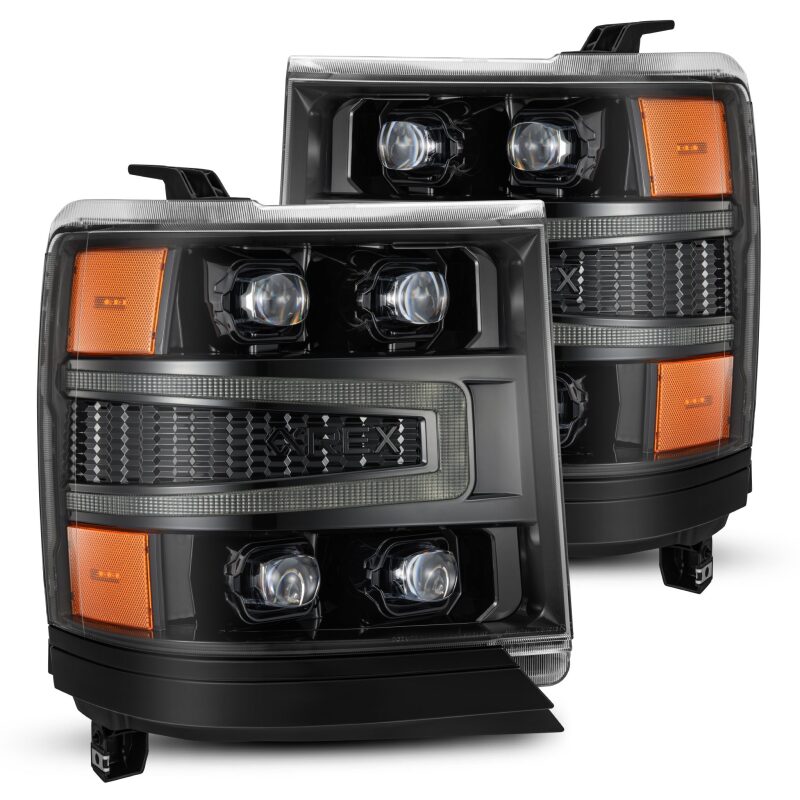 AlphaRex NOVA-Series LED projector headlights for 2016-2018 Chevy 1500HD with sequential signals and DRL features.