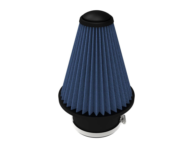 Universal air filter featuring a conical design with a blue pleated filter element, measuring 4 inches at the base and 9 inches in height.