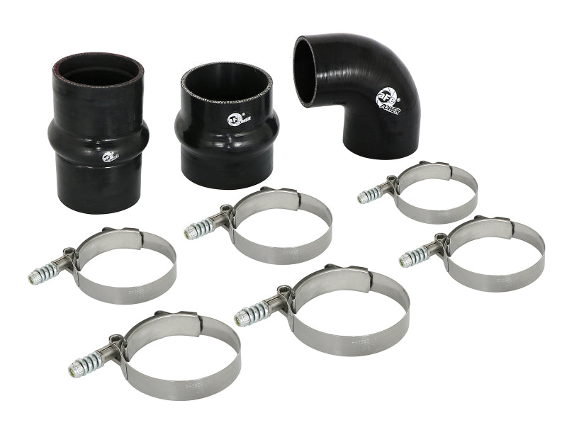 AFE Bladerunner intercooler coupling kit for 2017-2022 Ford diesel trucks, including hoses and clamps for installation.