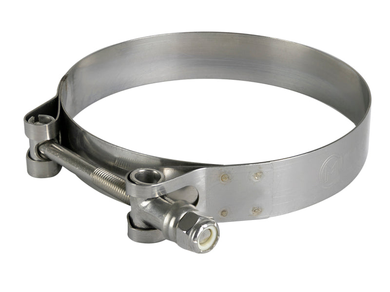 Durable afe Magnum FORCE T-Bolt clamp kit for secure connections, adjustable from 3-13/16 to 4-1/8 inches in diameter.