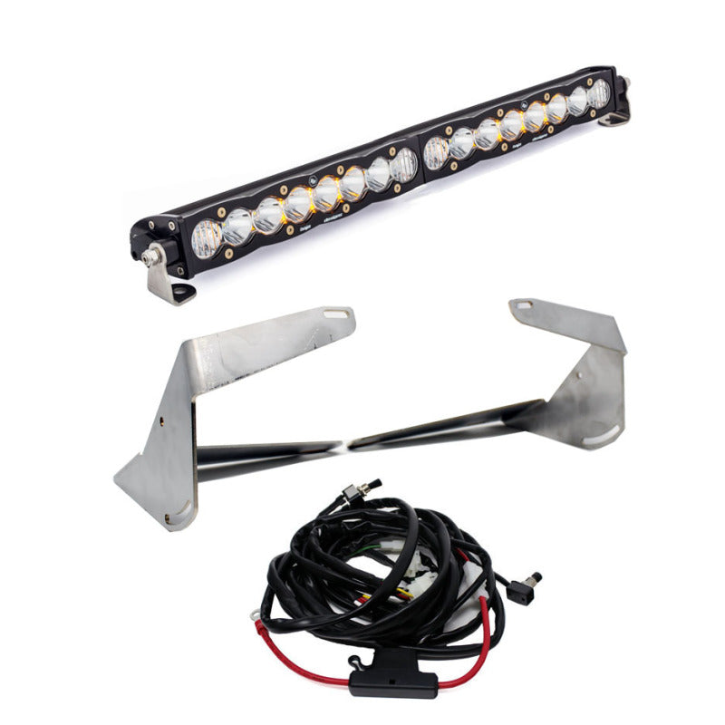 Baja Designs 20-inch S8 driving combo bumper kit for 2019+ Ram 2500/3500 with clear lights and mounting hardware.