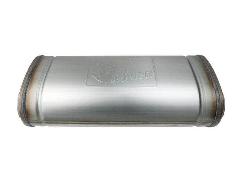 afe MACH Force-Xp dual inlet/outlet muffler with oval body, measuring 5 inches high, 8 inches wide, and 18 inches long.