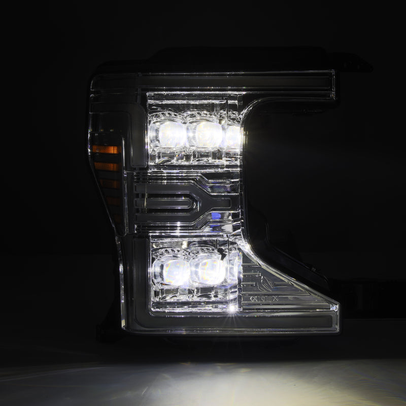 AlphaRex NOVA-Series LED projector headlights for 20-22 Ford F-250/350/450/550 SD with chrome finish and daytime running lights.