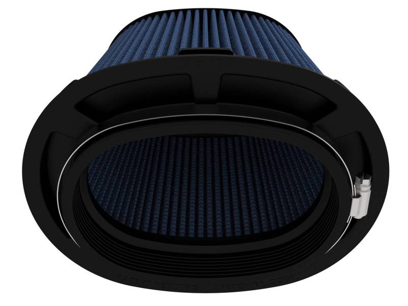 aFe MagnumFLOW Pro 5R Air Filter with a cylindrical design and blue filter media, ideal for enhanced engine performance.