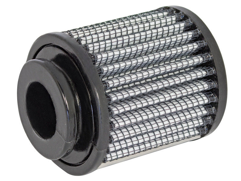 Afe Magnum FLOW crankcase vent filter with a cylindrical design, featuring a mesh exterior and a black plastic base.