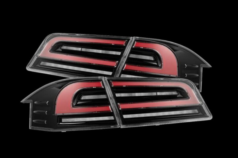 AlphaRex LUXX-Series LED tail lights for 12-21 Tesla Model S in black and red, featuring a sleek design and enhanced visibility.