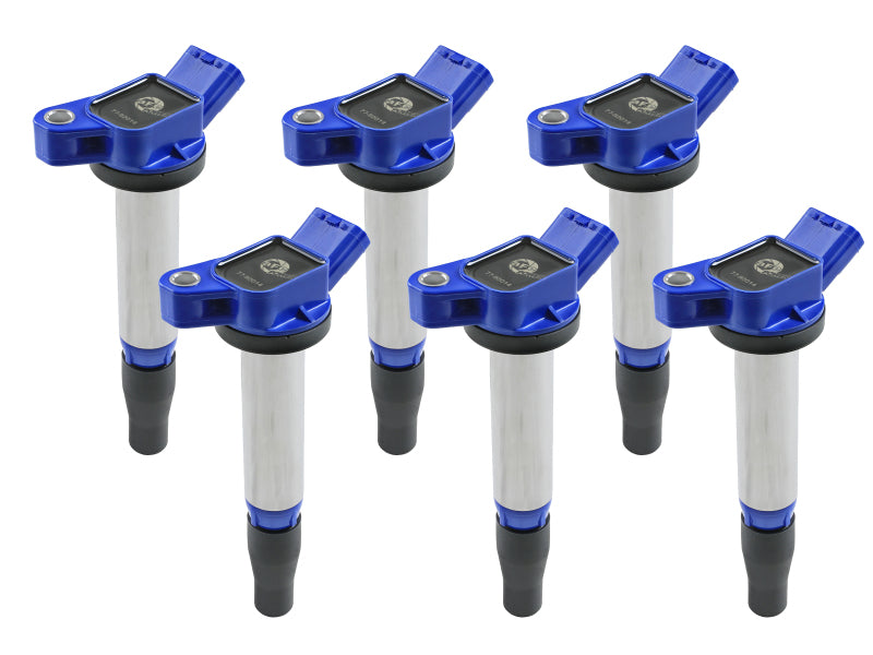 afe SCORCHER ignition coils for Toyota trucks and SUVs, designed for 2016-2023 V6-3.5L engines, featuring a sleek blue design.