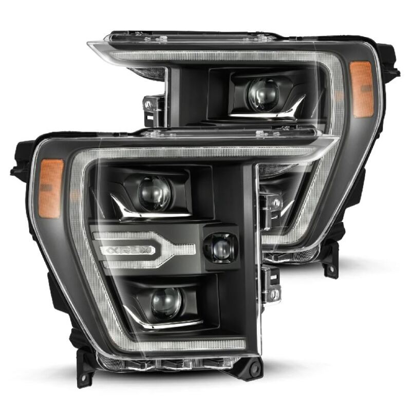 AlphaRex Luxx-Series projector headlights for 2021-2022 Ford F150 in black, featuring activated light and sequential signals.