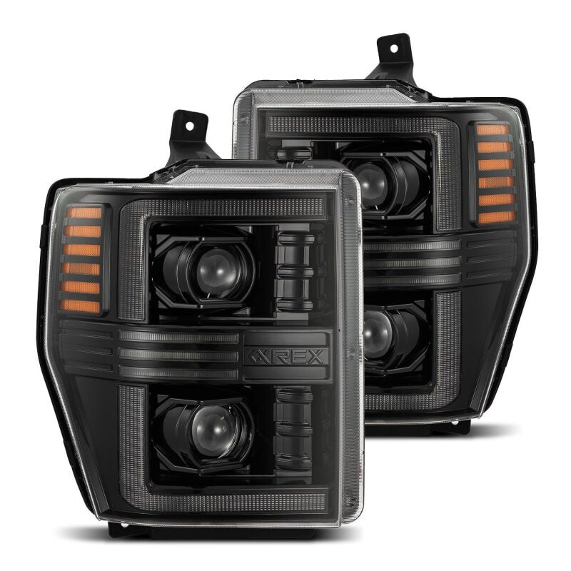 AlphaRex PRO-Series projector headlights for 08-10 Ford F250-550 in black with sequential signal and active light features.