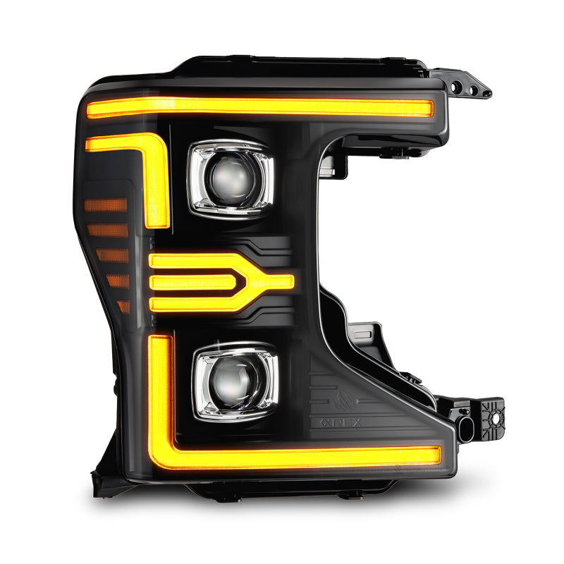 AlphaRex LUXX-Series LED projector headlights for 20-22 Ford F-250/350/450/550, featuring a sleek black design with amber accents.