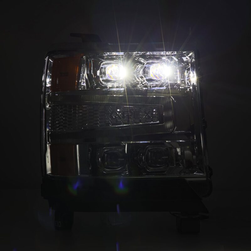 AlphaRex NOVA-Series LED projector headlights for 2016-2018 Chevy 1500HD with active lighting and sequential signals.
