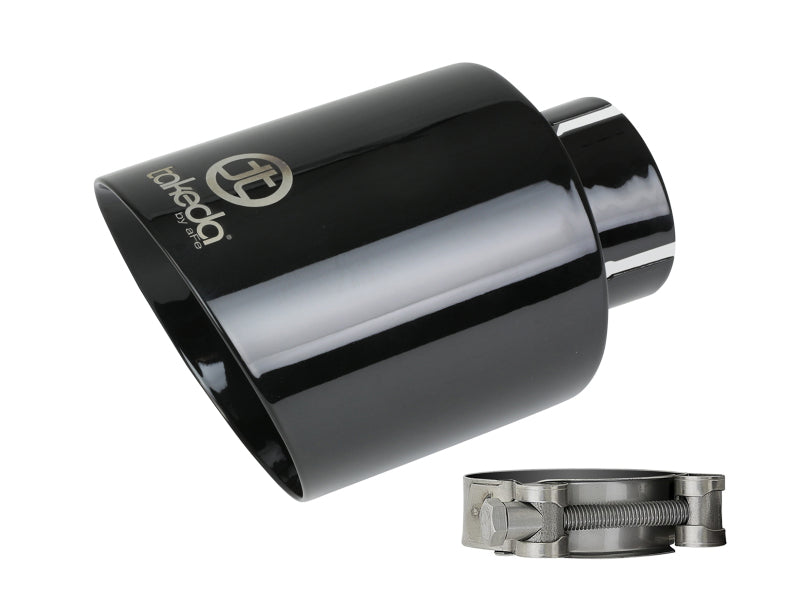 Black afe Takeda universal exhaust tip with a 2-1/2 inch inlet, 4-1/2 inch outlet, and 7 inch length, includes a clamp.