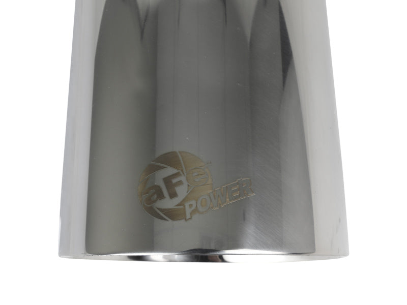 Polished aFe MACH Force-Xp exhaust tip with 2-1/2 inch inlet, 4-1/2 inch outlet, and 9 inch length for enhanced performance.