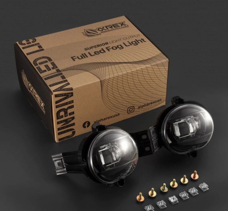 AlphaRex DoubleTap dual color LED fog lights for 02-08 Dodge Ram 1500 and 03-09 Ram 2500/3500 with installation hardware.