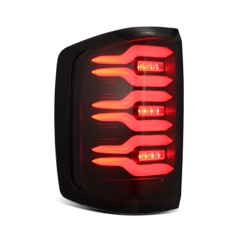 AlphaRex Luxx-Series LED tail light for 14-18 Chevrolet Silverado, featuring a black housing and sequential signal lights.