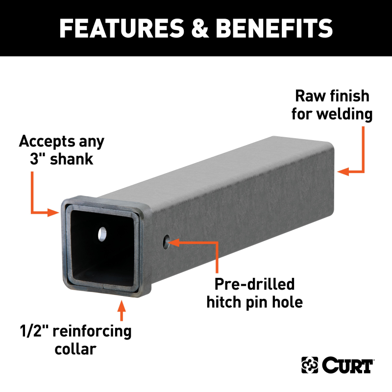 CURT 18" Raw Steel Receiver Tubing - 3" Receiver, 5/8" Pin Hole Model 49518