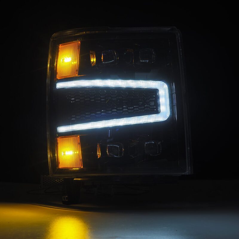 AlphaRex NOVA-Series LED projector headlights for 04-15 Chevy 1500 featuring sequential signals and daytime running lights.