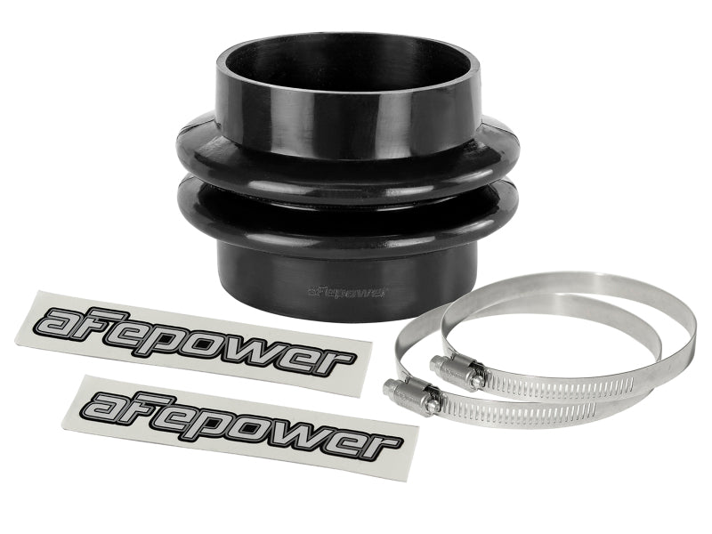 afe Magnum FORCE Intake Coupling Kit featuring a black straight bellow-coupler, two clamps, and branded stickers.