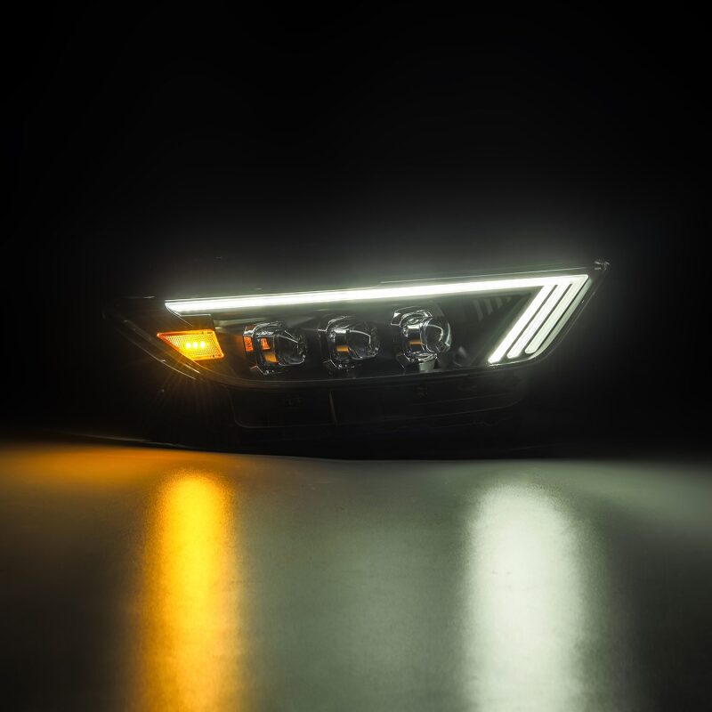 AlphaRex NOVA Series LED projector headlights for 15-17 Ford Mustang in black, showcasing sleek design and bright illumination.