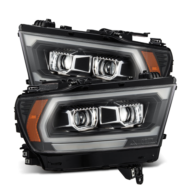 AlphaRex PRO-Series projector headlights for 2019-2022 Dodge Ram 1500 in black with sequential signal and DRL features.