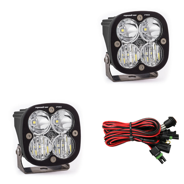 Baja Designs Squadron Pro LED lights, driving/combo pair with wiring harness for enhanced off-road visibility.