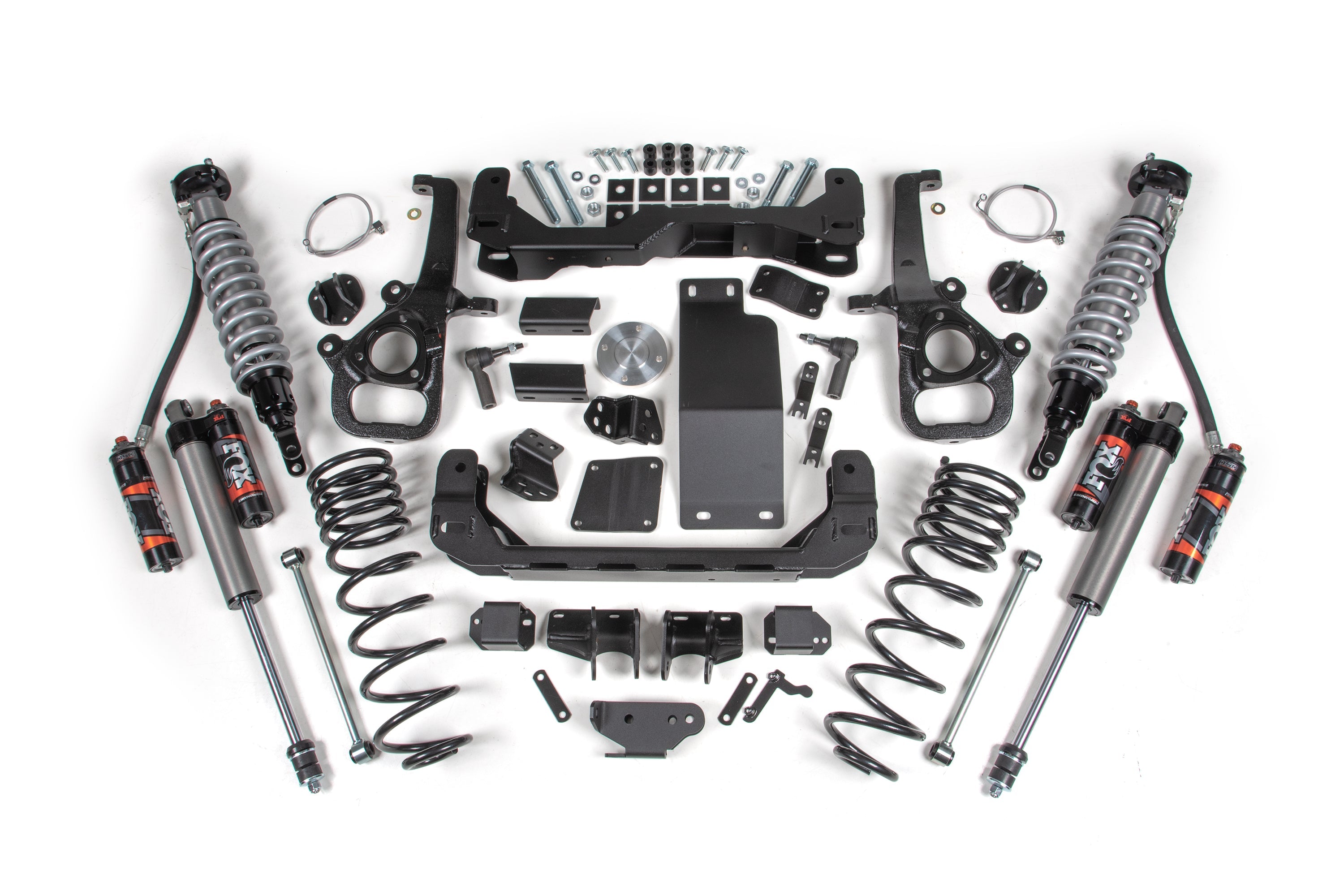 4-inch lift kit components for Ram 1500 4WD, featuring FOX 2.5 Performance Elite coil-overs and hardware.
