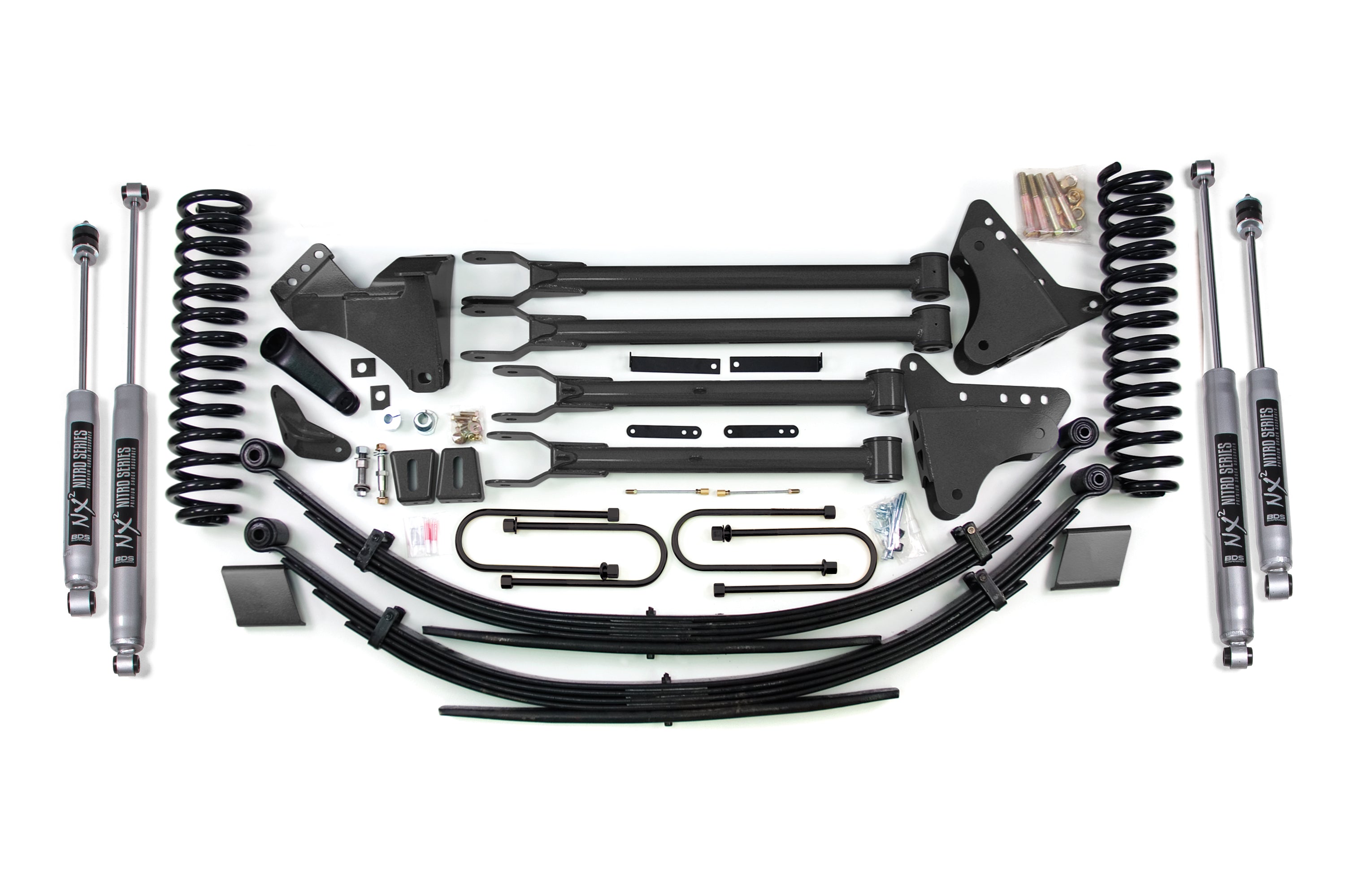 6-inch lift kit with 4-link system for Ford F250/F350 Super Duty (2008-2010) 4WD diesel, including all necessary components.