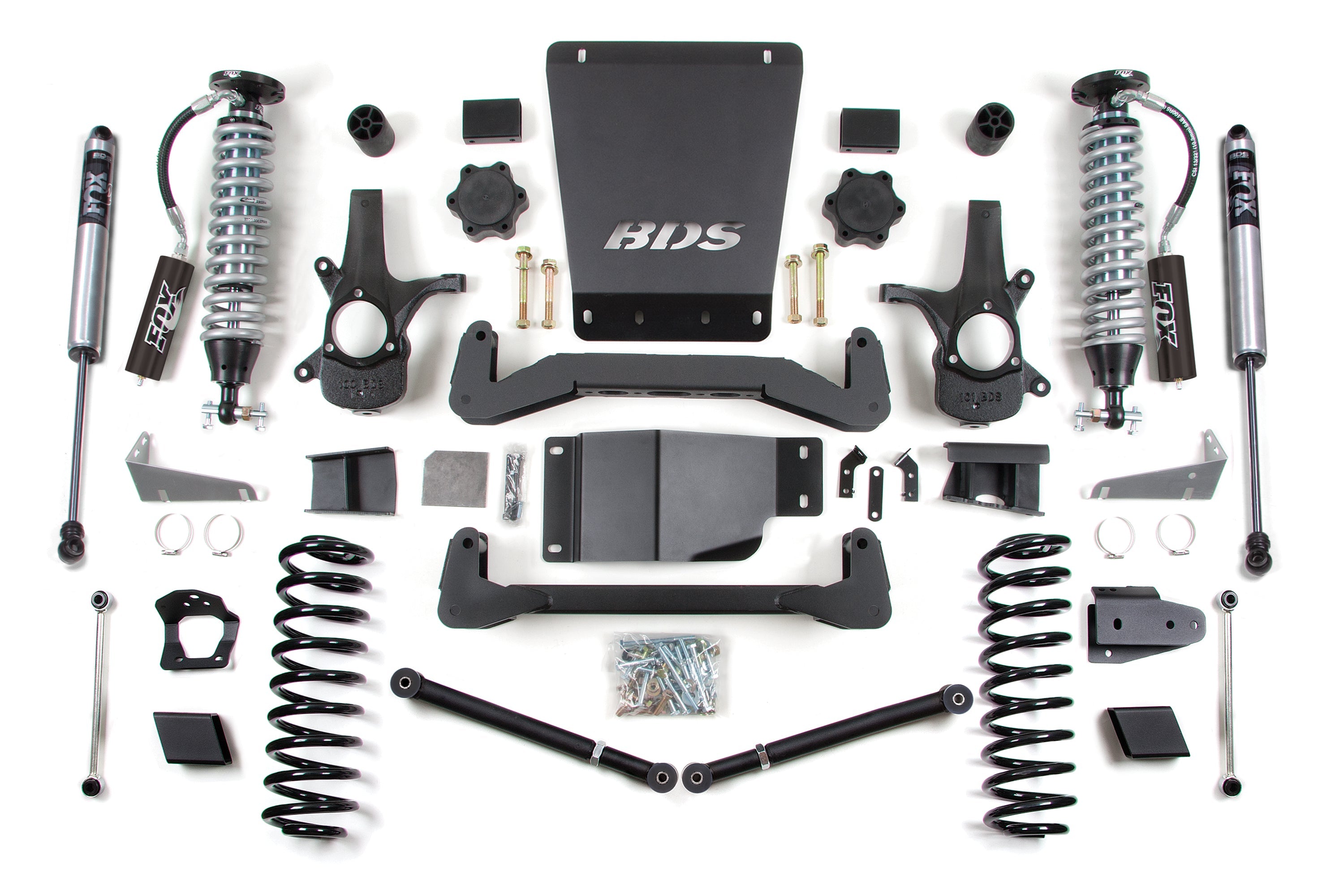 6-inch lift kit components for Chevy/GMC Avalanche, Suburban, Tahoe, or Yukon 1500 (07-14) 4WD, featuring FOX 2.5 coil-overs.
