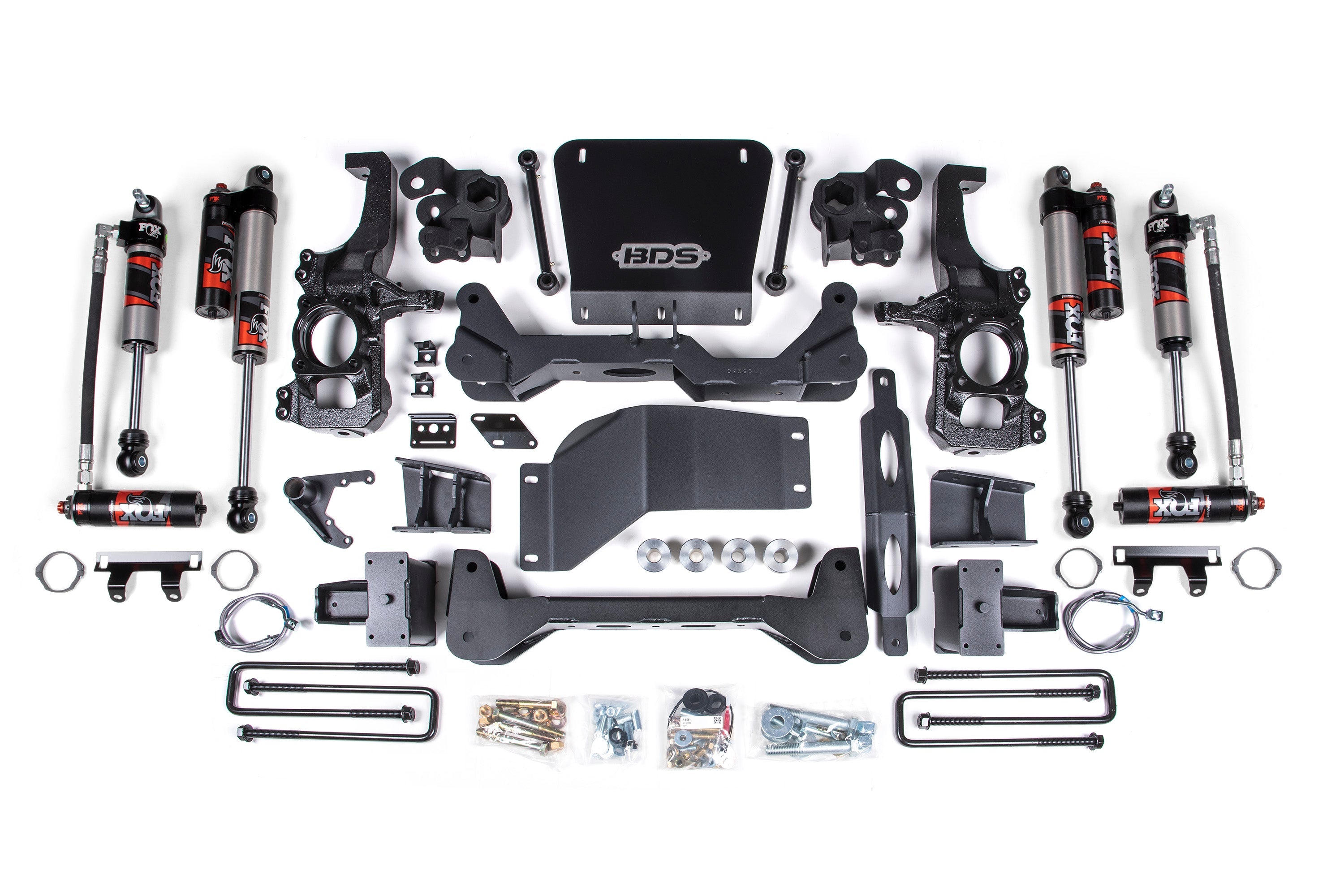 6.5 inch lift kit components for Chevy Silverado or GMC Sierra 2500HD/3500HD, featuring FOX Performance Elite shocks and hardware.