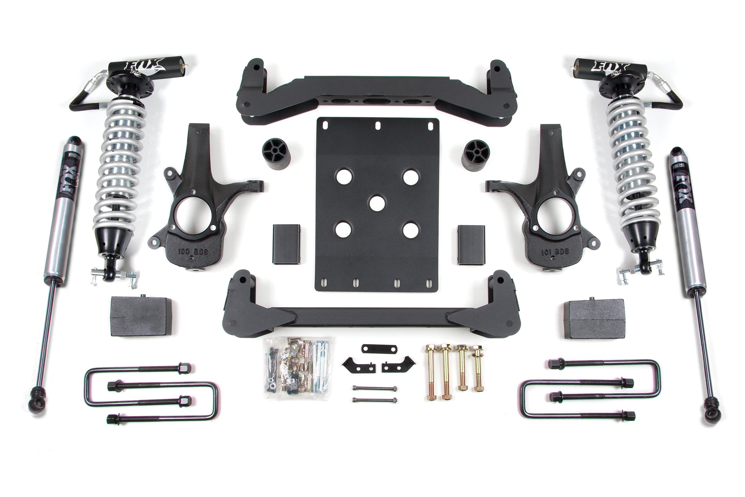 4 inch lift kit featuring FOX 2.5 coil-over shocks for 2007-2013 Chevy Silverado or GMC Sierra 1500 2WD. Includes all components.