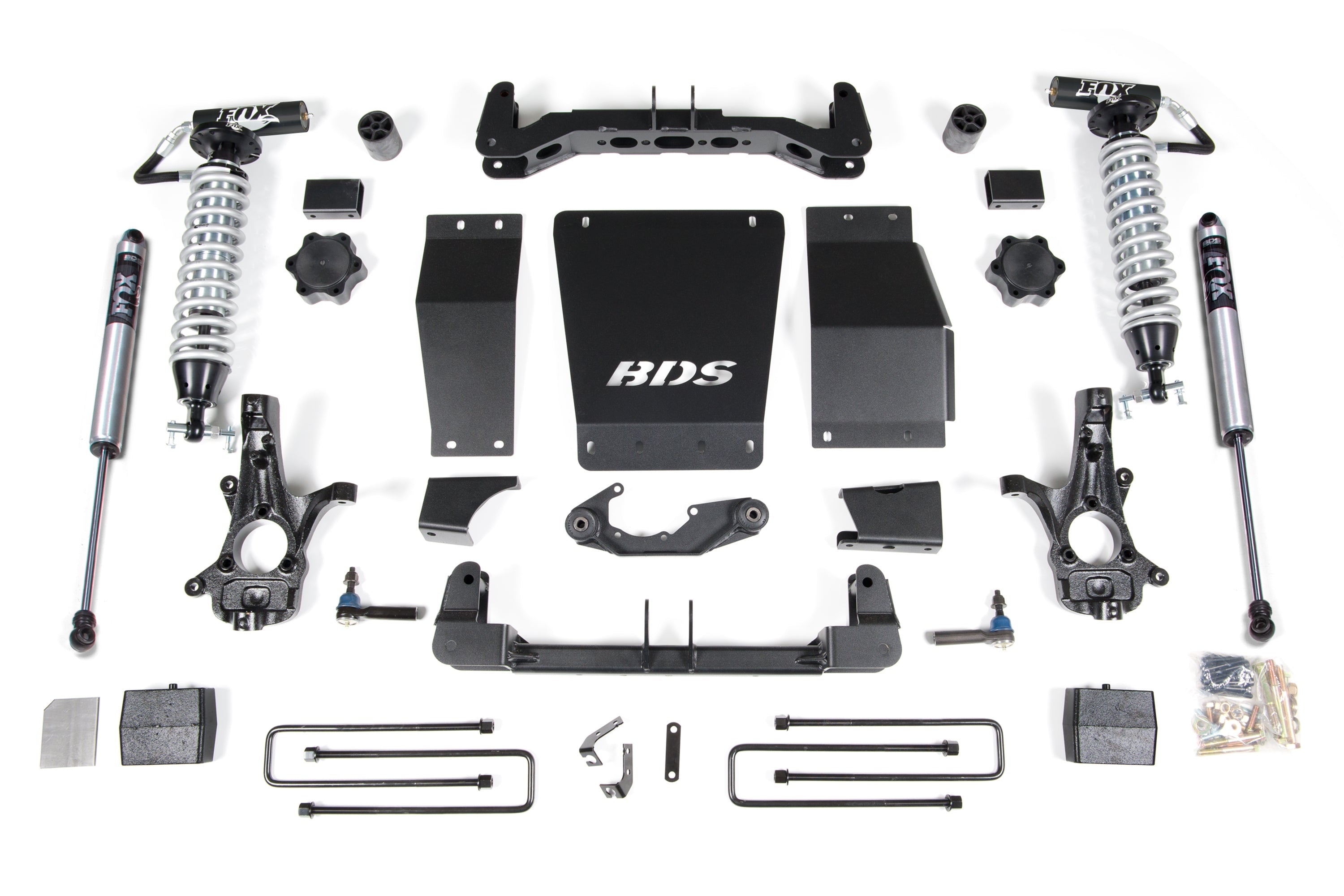 6 inch lift kit components for Chevy Silverado or GMC Sierra 1500, including FOX 2.5 coil-overs and hardware.