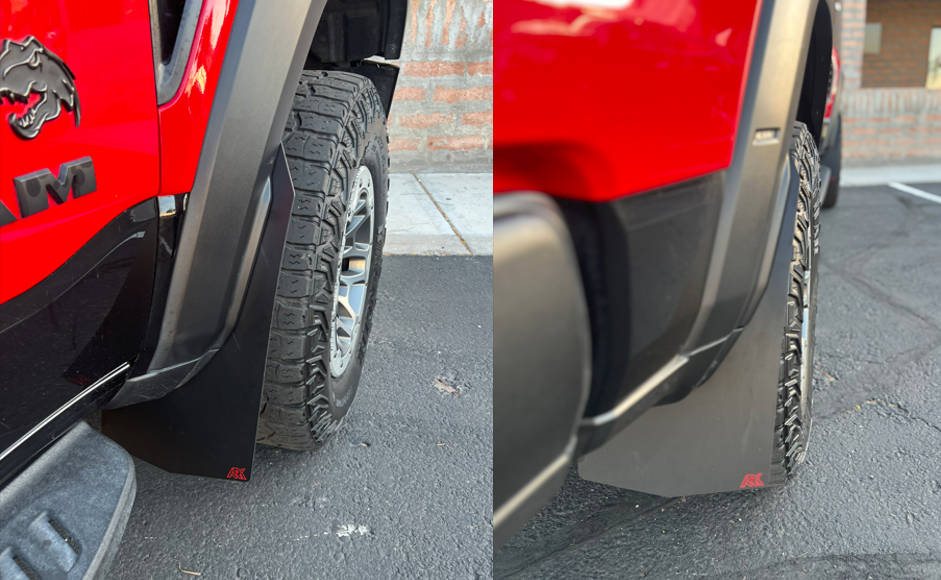 2025+ Dodge RAM RHO Mud Flaps installed on a truck, showcasing durable protection against mud and debris.