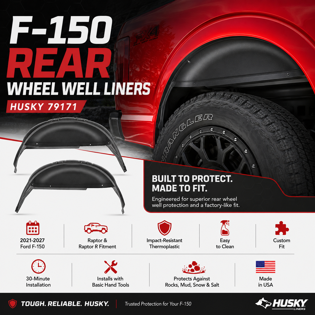 Husky Liners 21-23 Ford F-150 Raptor Black Rear Wheel Well Guards