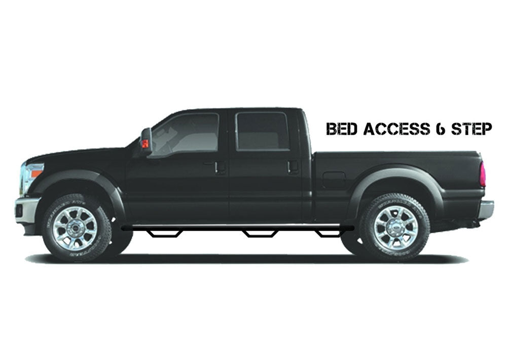 Nerf Step Bar Wheel-to-Wheel with Bed Access (3 Steps per Side) 3 Inch Main Tube Diameter 2002-2008 Dodge Ram 1500/2002-2009 2500/3500 8 Foot Bed Quad Cab with Single Rear Wheels Gloss Black NFab