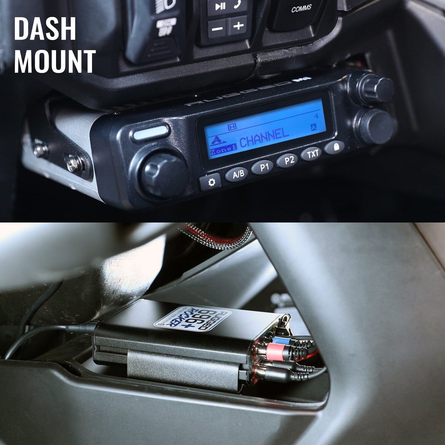 Can-Am Maverick R communication kit featuring a dash-mounted Bluetooth intercom and remote head for seamless two-way radio communication.