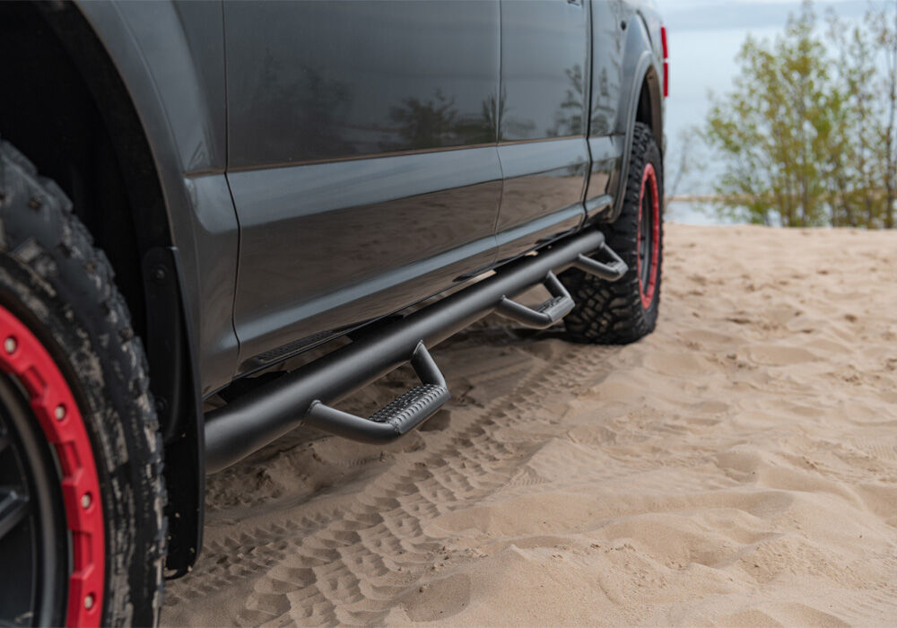 Nerf Step Bar Wheel-to-Wheel with Bed Access (3 Steps per Side) 3 Inch Main Tube Diameter 2015-2025 Ford F-150 6 Foot 7 Inch Bed SuperCrew Textured Black NFab