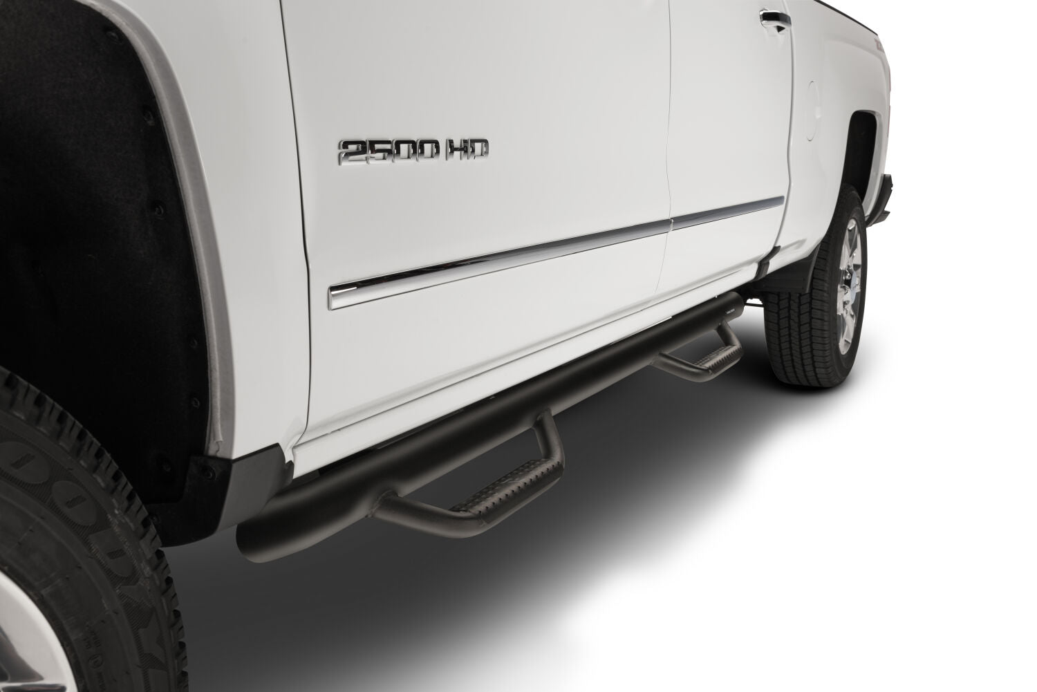 Nerf Step Bar Wheel-to-Wheel with Bed Access (3 Steps per Side) 3 Inch Main Tube Diameter 2017-2026 Ford F-350/F-450/F-550 8 Foot Bed Crew Cab with Dual Rear Wheels Textured Black NFab