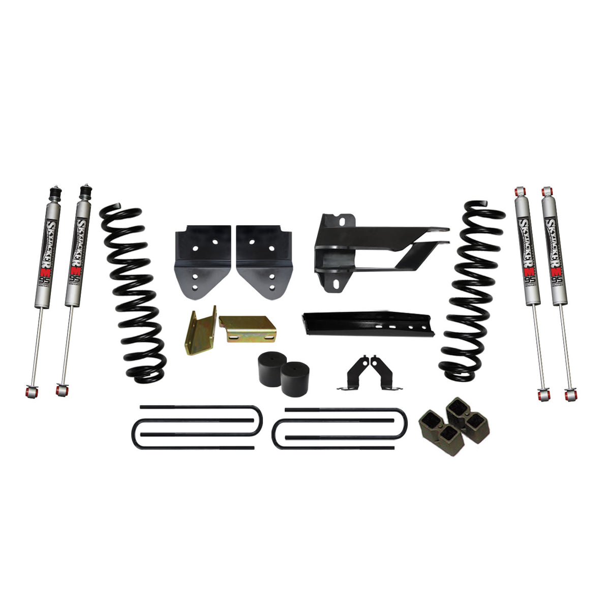 Lift Kit 4 Inch Lift 17-19 Ford F-250 Super Duty Includes Front Coil Springs Bump Stop Spacers Relocation Brackets Rear Lift Blocks U-Bolts M9500 Monotube Shocks Skyjacker