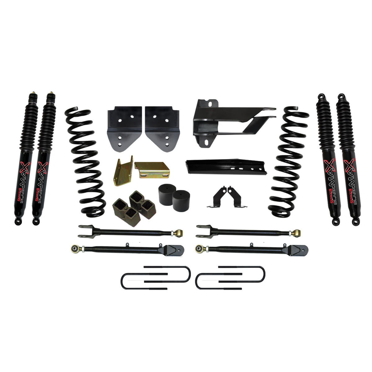 Lift Kit 4 Inch Lift w/Adjustable 4-Links 17-19 Ford F-350 Super Duty Includes Front Coil Springs U-Bolts Bump Stop Spacers Radius Arms Lowering Brackets Black Max 8500 Shocks Skyjacker